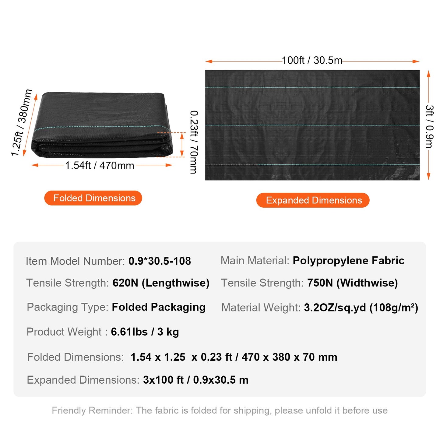 Unkrautvlies, 3 x 100 Fuß (ca. 91 x 30 m), strapazierfähiges Gartenvlies, gewebtes PP-Unkrautvlies, Einfahrtvlies, Geotextil für Landschaftsbau, Bodenabdeckung, Unkrautvliesmatte, Schwarz