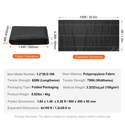 Unkrautvlies, 4 x 100 Fuß (ca. 120 x 30 m), strapazierfähiges Gartenvlies, gewebtes PP-Unkrautvlies, Einfahrtvlies, Geotextil für Landschaftsbau, Bodenabdeckung, Unkrautvliesmatte, Schwarz