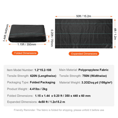Unkrautvlies, 122 x 15,24 m (4 x 50 Fuß), strapazierfähiges Gartenvlies, gewebtes PP-Unkrautvlies, Einfahrtvlies, Geotextil für Landschaftsbau, Bodenabdeckung, Unkrautvliesmatte, Schwarz