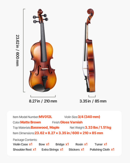 Violine, 340 mm, für Erwachsene, Geigen-Set für Anfänger mit Hartschalenkoffer, Kolophonium, Bogen, Schulterstütze, Steg, Stimmgerät und Ersatzsaiten, professionelles Musikinstrument für Schüler (Braun)
