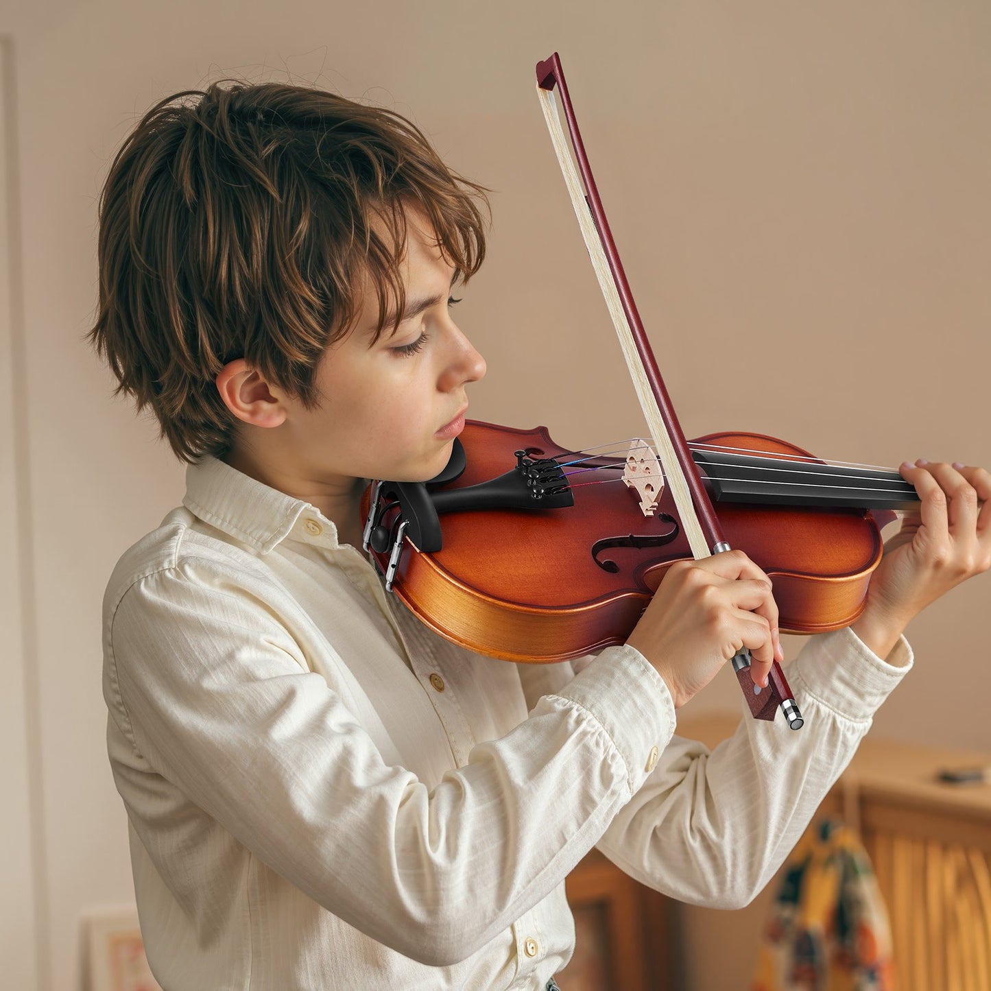 Violine, 340 mm, für Erwachsene, Geigen-Set für Anfänger mit Hartschalenkoffer, Kolophonium, Bogen, Schulterstütze, Steg, Stimmgerät und Ersatzsaiten, professionelles Musikinstrument für Schüler (Braun)