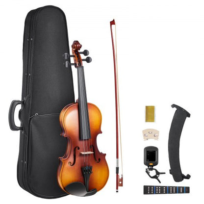 Violin 355mm Full Size for Adults, Violin Fiddle Set for Beginners with Hard Case, Rosin, Bow, Shoulder Rest, Bridge, Tuner and Extra Strings, Professional Musical Instruments for Student (Brown)