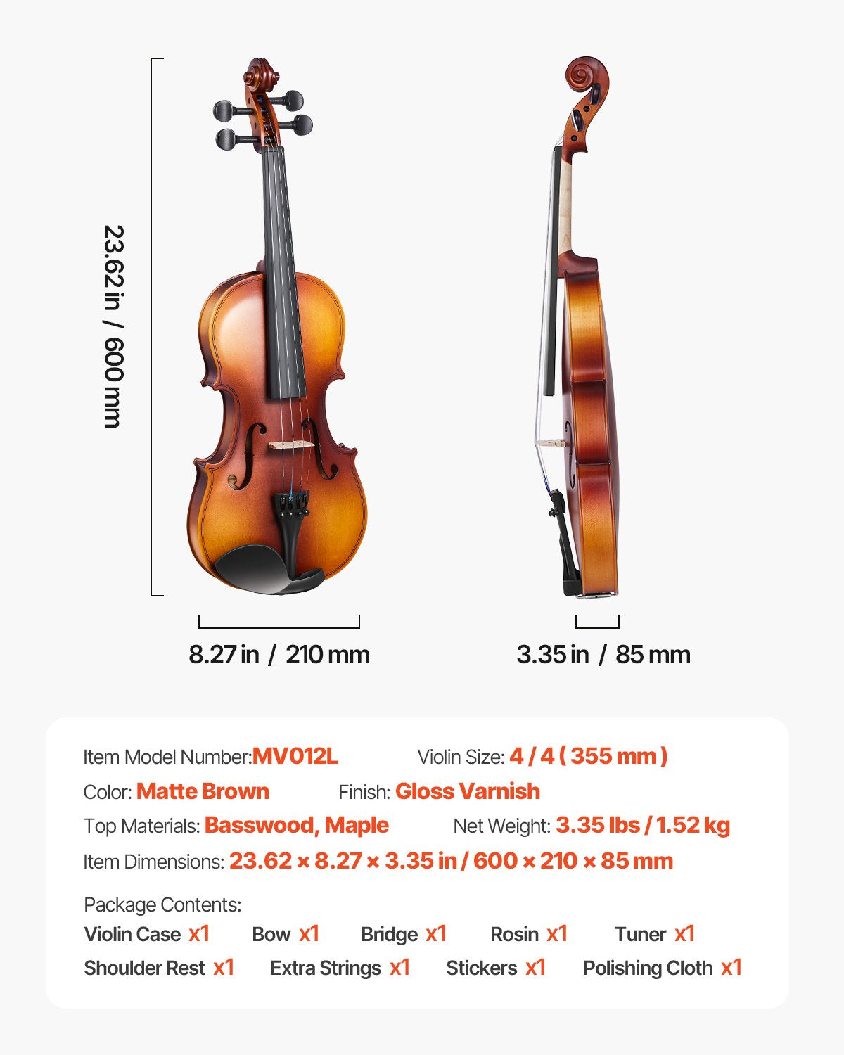 Violin 355mm Full Size for Adults, Violin Fiddle Set for Beginners with Hard Case, Rosin, Bow, Shoulder Rest, Bridge, Tuner and Extra Strings, Professional Musical Instruments for Student (Brown)