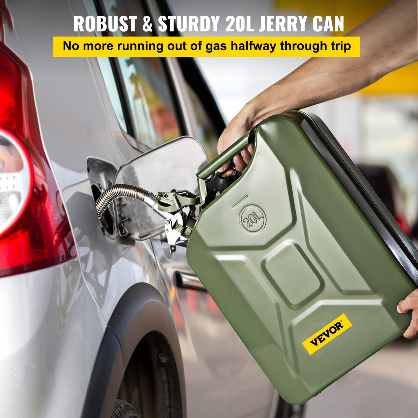 Jerry Fuel Can, 5.3 Gallon / 20 L Portable Jerry Gas Can with Flexible Spout System, Rustproof ＆ Heat-resistant Steel Fuel Tank for Cars Trucks Equipment, Green