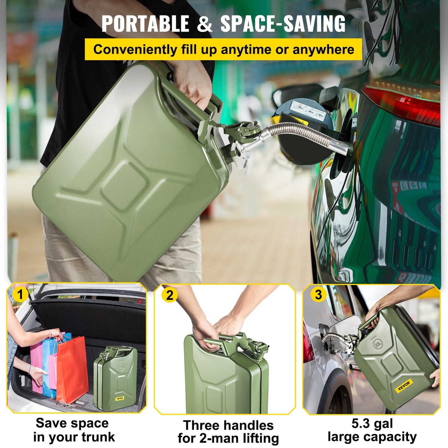 Jerry Fuel Can, 5.3 Gallon / 20 L Portable Jerry Gas Can with Flexible Spout System, Rustproof ＆ Heat-resistant Steel Fuel Tank for Cars Trucks Equipment, Green