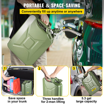 Jerry Fuel Can, 5.3 Gallon / 20 L Portable Jerry Gas Can with Flexible Spout System, Rustproof ＆ Heat-resistant Steel Fuel Tank for Cars Trucks Equipment, Green