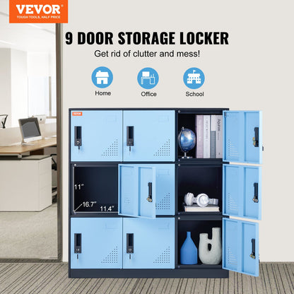 Metal Locker for Employees, 9 Doors Storage Cabinet with Card Slot, Employee Lockers with Keys, 66lbs Loading Capacity office Storage Lockers for Office, Home, School, Gym, Black