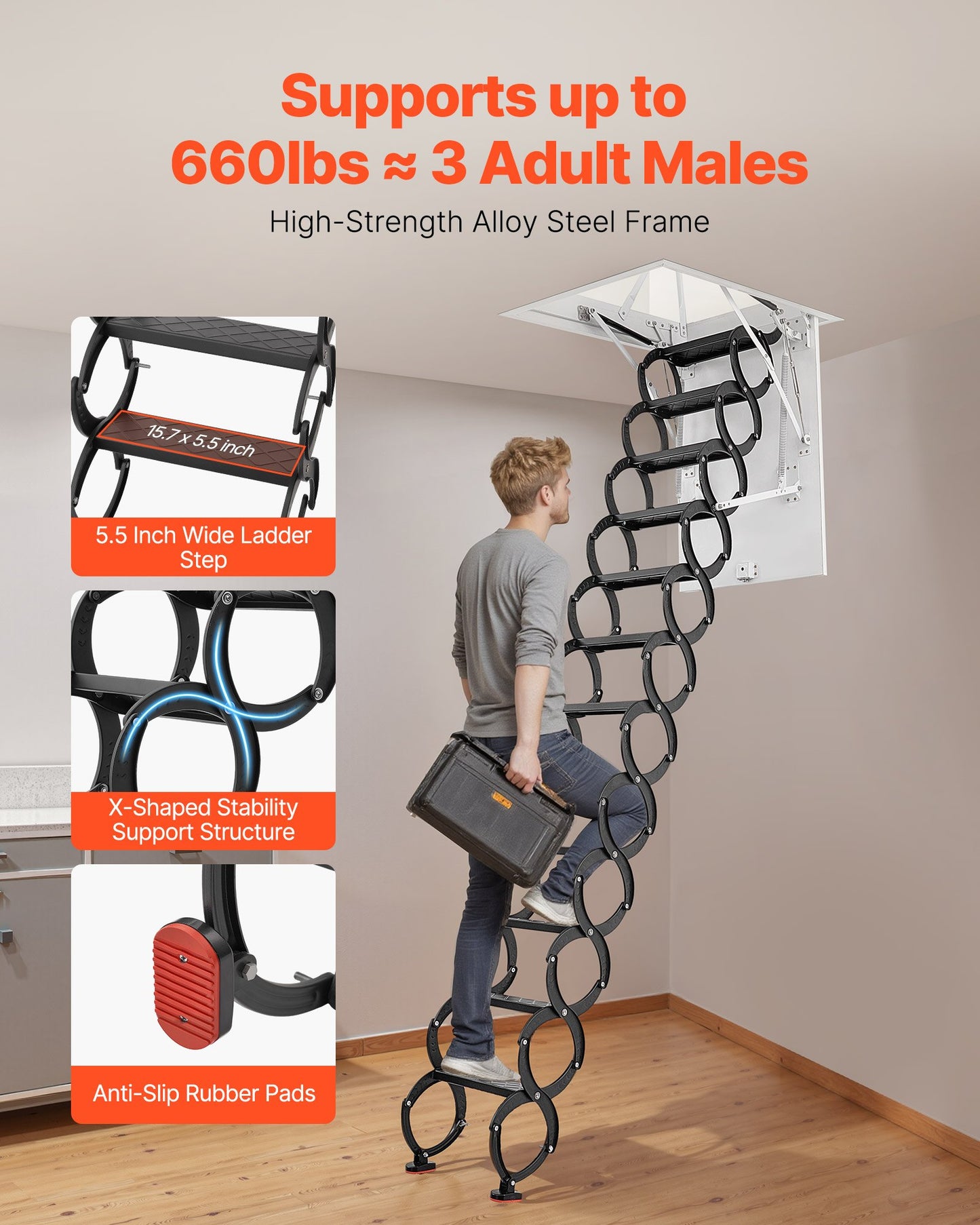 Dachbodentreppe, Tragkraft 299,4 kg, geeignet für Deckenhöhen von 2,60 m bis 2,85 m und Öffnungsgrößen von 100 x 70 cm, ausziehbare Dachbodentreppe aus legiertem Stahl mit Zugstange für den Dachbodenausbau