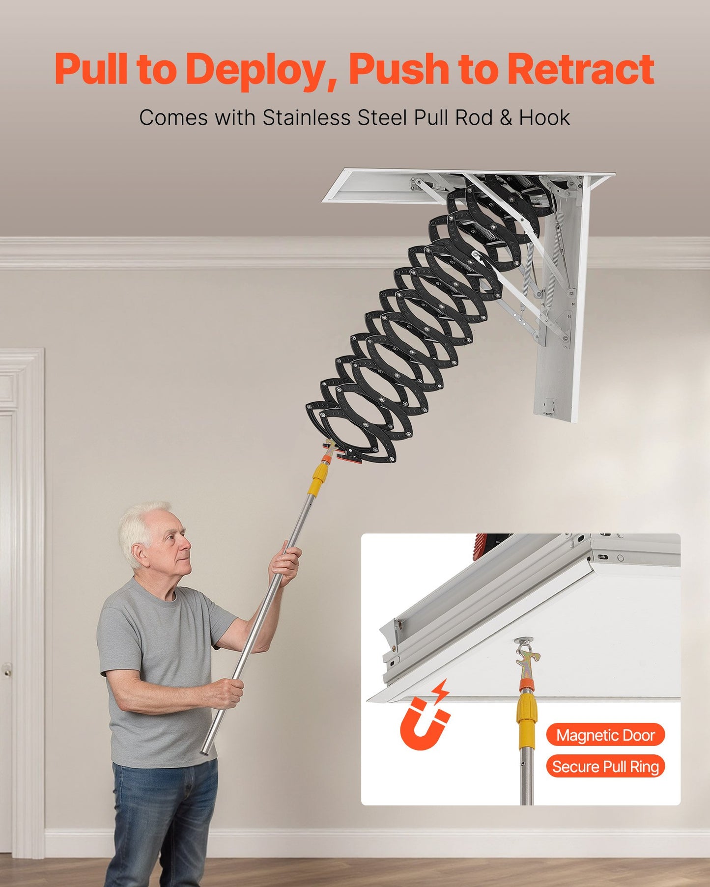 Dachbodentreppe, Tragkraft 299,4 kg, geeignet für Deckenhöhen von 2,60 m bis 2,85 m und Öffnungsgrößen von 100 x 70 cm, ausziehbare Dachbodentreppe aus legiertem Stahl mit Zugstange für den Dachbodenausbau