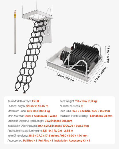 Dachbodentreppe, Tragkraft 299,4 kg, geeignet für Deckenhöhen von 2,60 m bis 2,85 m und Öffnungsgrößen von 100 x 70 cm, ausziehbare Dachbodentreppe aus legiertem Stahl mit Zugstange für den Dachbodenausbau