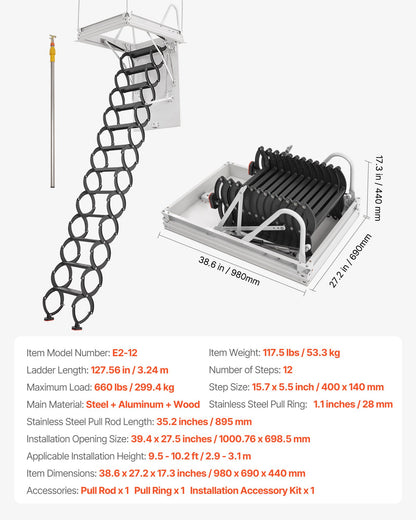 Dachbodentreppe, Tragkraft 299,4 kg, geeignet für Deckenhöhen von 2,9 bis 3,1 m und Öffnungsmaße von 100 x 70 cm, ausziehbare Dachbodentreppe aus legiertem Stahl mit Zugstange für den Dachboden