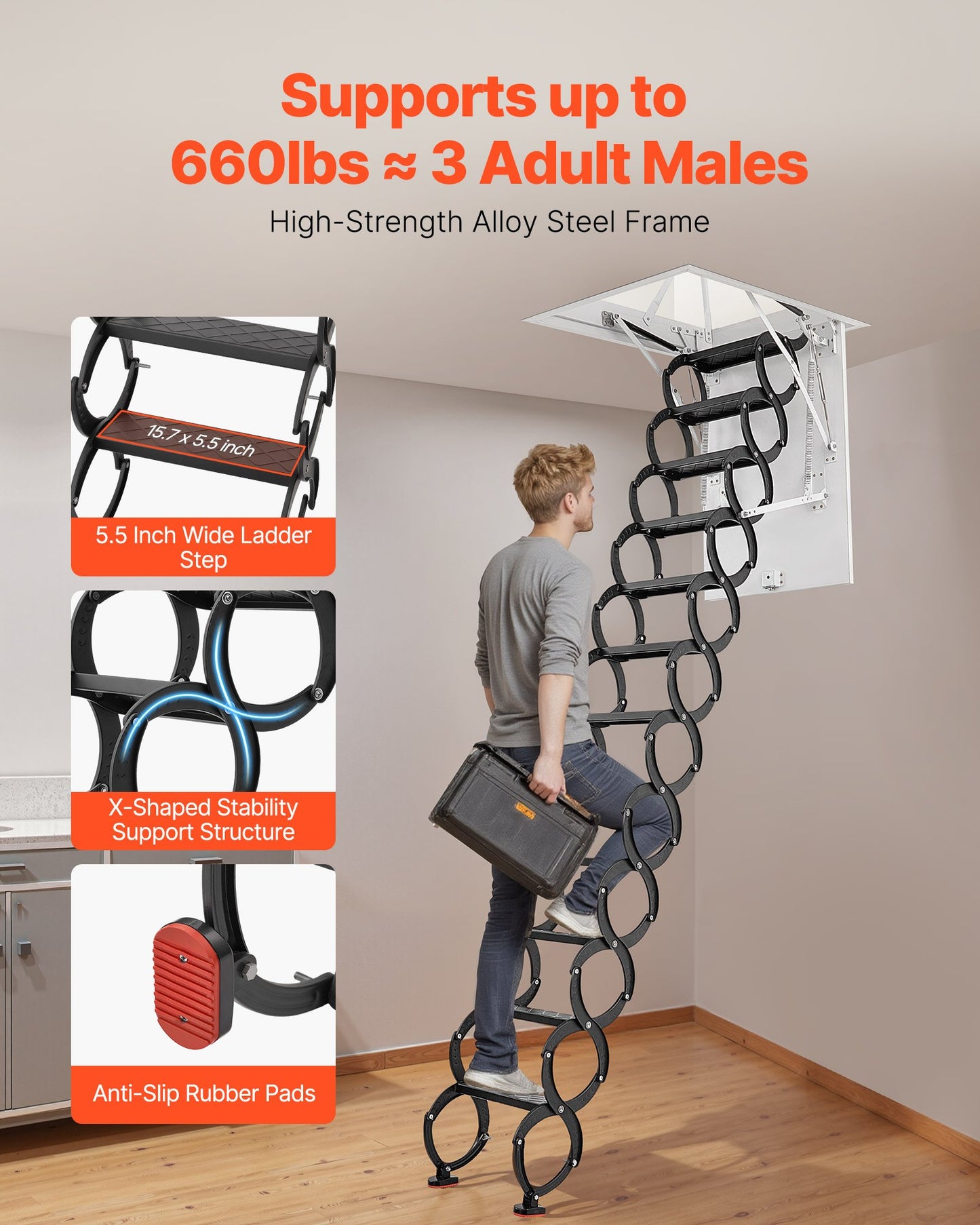 Dachbodentreppe, Tragkraft 299,4 kg, geeignet für Deckenhöhen von 3,20 m bis 3,35 m und Öffnungsmaße von 100 x 70 cm, ausziehbare Dachbodentreppe aus legiertem Stahl mit Zugstange für den Dachboden