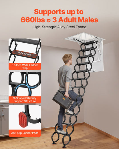 Dachbodentreppe, Tragkraft 299,4 kg, geeignet für Deckenhöhen von 3,20 m bis 3,35 m und Öffnungsmaße von 100 x 70 cm, ausziehbare Dachbodentreppe aus legiertem Stahl mit Zugstange für den Dachboden