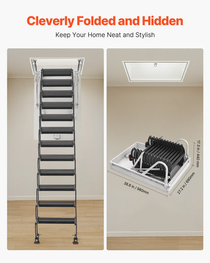 Dachbodentreppe, Tragkraft 299,4 kg, geeignet für Deckenhöhen von 3,20 m bis 3,35 m und Öffnungsmaße von 100 x 70 cm, ausziehbare Dachbodentreppe aus legiertem Stahl mit Zugstange für den Dachboden