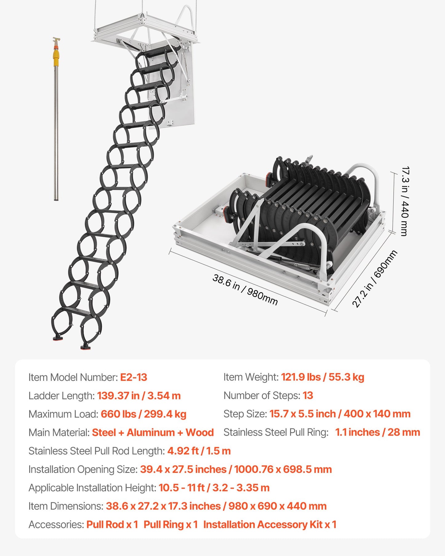 Dachbodentreppe, Tragkraft 299,4 kg, geeignet für Deckenhöhen von 3,20 m bis 3,35 m und Öffnungsmaße von 100 x 70 cm, ausziehbare Dachbodentreppe aus legiertem Stahl mit Zugstange für den Dachboden