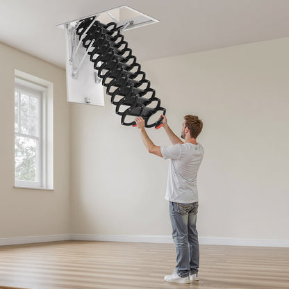 Dachbodentreppe, Tragkraft 299,4 kg, geeignet für Deckenhöhen von 3,20 m bis 3,35 m und Öffnungsmaße von 100 x 70 cm, ausziehbare Dachbodentreppe aus legiertem Stahl mit Zugstange für den Dachboden