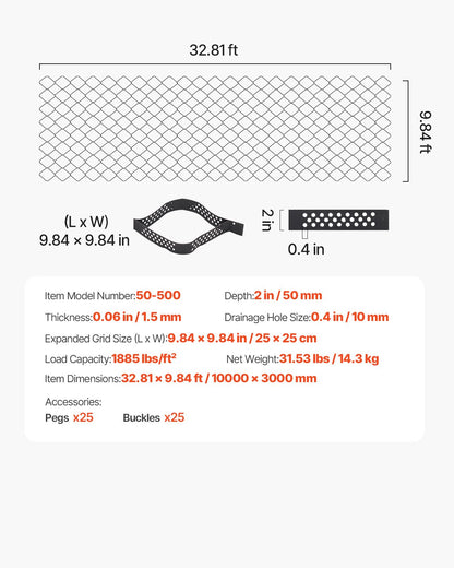 Kiesgitter, 5 cm Tiefe, 10000 x 3000 mm, 853 kg/m², durchlässiges Geogitter zur Stabilisierung von Rasenflächen, Einfahrten, für Gärten, Terrassen, Gehwege und Wohnmobil-Parkplätze