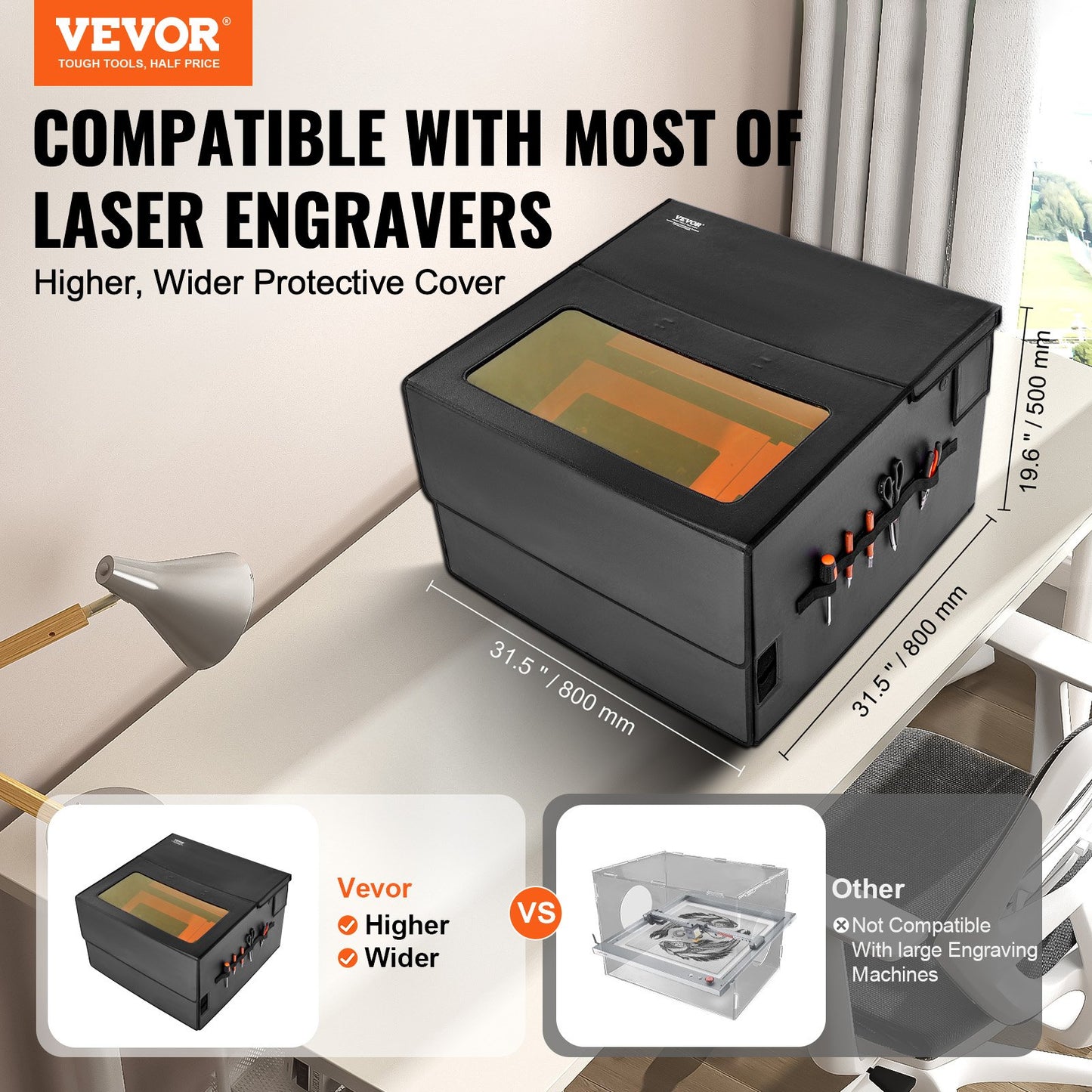 Laser Engraver Enclosure, 800 x 800 x 500 mm(31.5 x 31.5 x 19.6"), Flame Retardant and Fireproof Protective Cover, with Exhaust Fan and Pipe, Insulates Smoke, Noise and Eye Protection, Fits for Most Laser Engraver