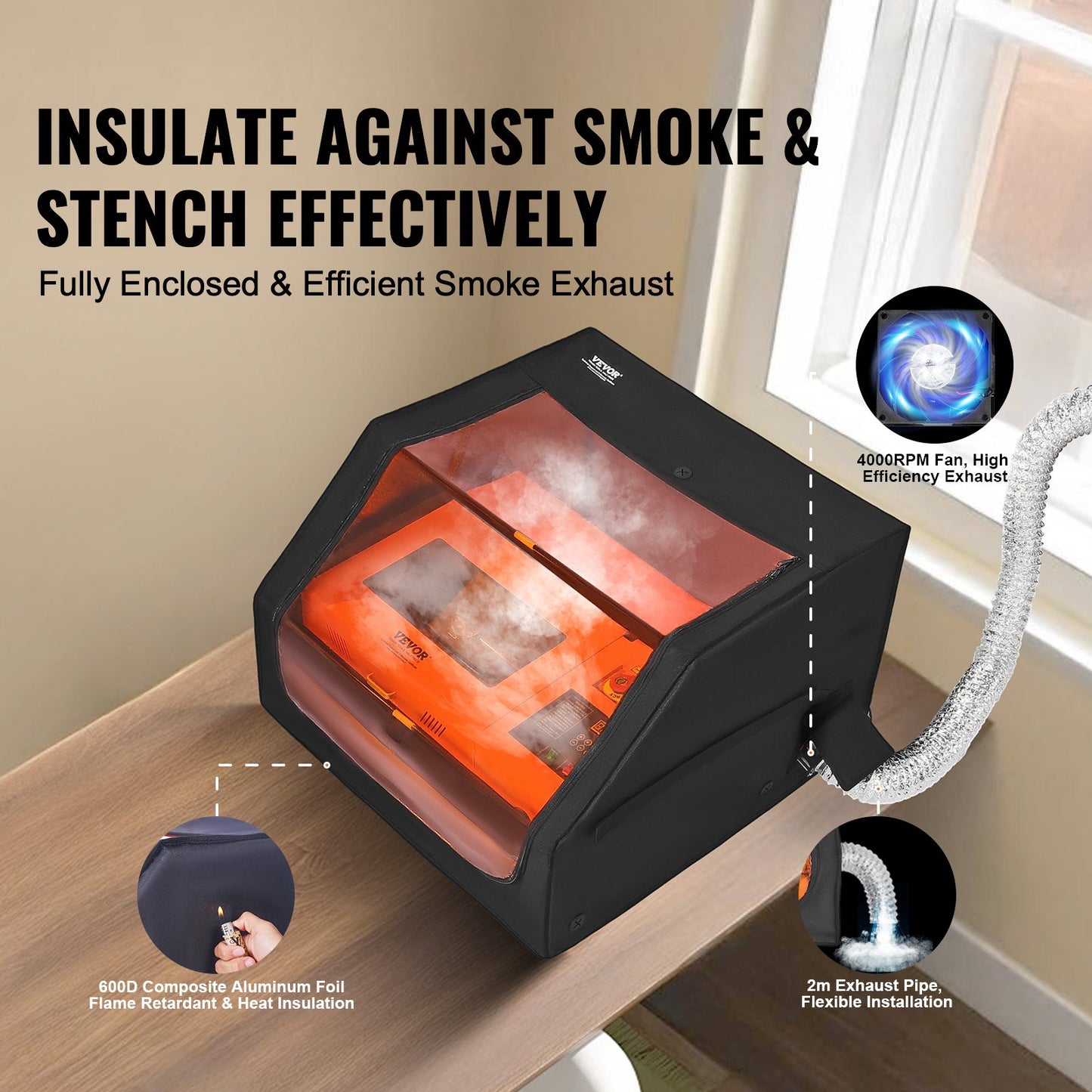 Gehäuse für Lasergravierer, 800 x 800 x 500 mm (31,5 x 31,5 x 19,6 Zoll), flammhemmende und feuerfeste Schutzabdeckung mit Abluftventilator und -rohr, isoliert gegen Rauch, Lärm und bietet Augenschutz, passend für die meisten Lasergravierer