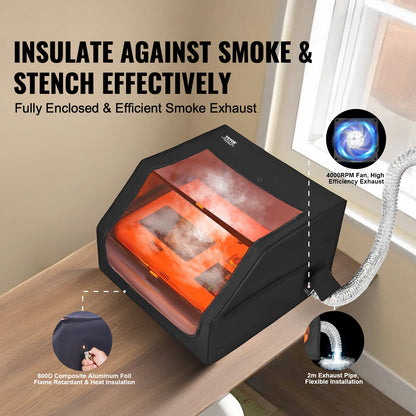 Gehäuse für Lasergravierer, 800 x 800 x 500 mm (31,5 x 31,5 x 19,6 Zoll), flammhemmende und feuerfeste Schutzabdeckung mit Abluftventilator und -rohr, isoliert gegen Rauch, Lärm und bietet Augenschutz, passend für die meisten Lasergravierer