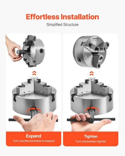 3-Backen-Drehbankfutter, 160 mm (6 Zoll), selbstzentrierend mit 1 1/2 Zoll-8 Gewinde-Rückplatte, Spannbereich 3–145 mm (0,12–5,71 Zoll) mit T-Schrauben, Material HT300, für Holz- und Metalldrehmaschinen