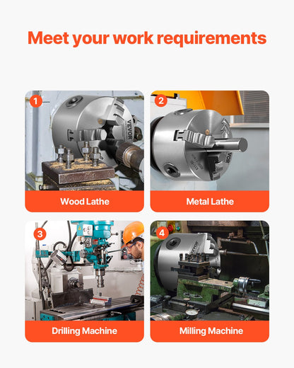 3-Backen-Drehbankfutter, 160 mm (6 Zoll), selbstzentrierend mit 1 1/2 Zoll-8 Gewinde-Rückplatte, Spannbereich 3–145 mm (0,12–5,71 Zoll) mit T-Schrauben, Material HT300, für Holz- und Metalldrehmaschinen