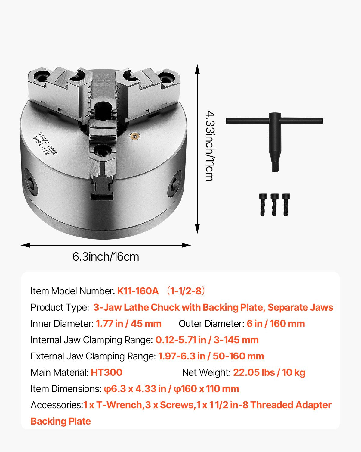 3-Backen-Drehbankfutter, 160 mm (6 Zoll), selbstzentrierend mit 1 1/2 Zoll-8 Gewinde-Rückplatte, Spannbereich 3–145 mm (0,12–5,71 Zoll) mit T-Schrauben, Material HT300, für Holz- und Metalldrehmaschinen
