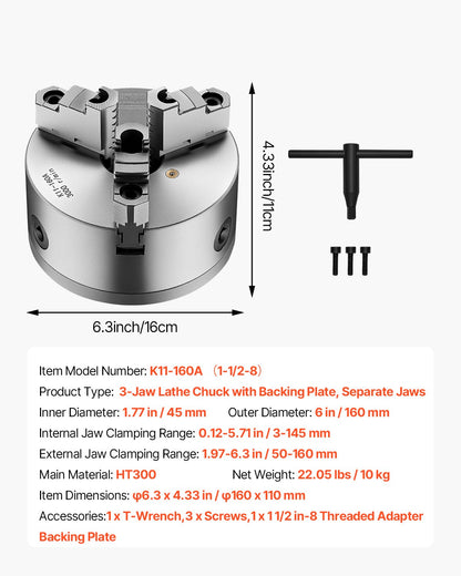 3-Backen-Drehbankfutter, 160 mm (6 Zoll), selbstzentrierend mit 1 1/2 Zoll-8 Gewinde-Rückplatte, Spannbereich 3–145 mm (0,12–5,71 Zoll) mit T-Schrauben, Material HT300, für Holz- und Metalldrehmaschinen