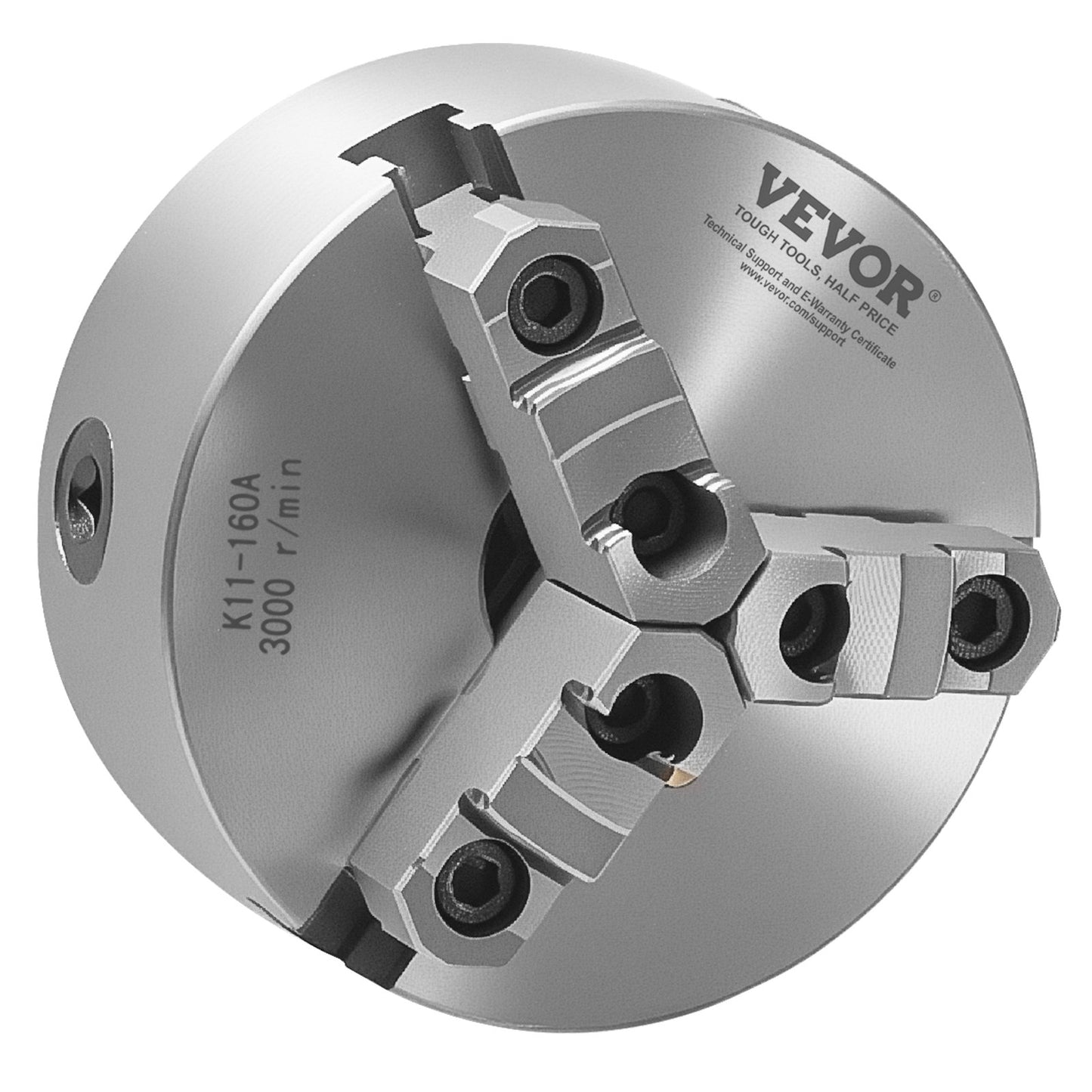 3-Backen-Drehbankfutter, 160 mm (6 Zoll), selbstzentrierend mit 1 1/2 Zoll-8 Gewinde-Rückplatte, Spannbereich 3–145 mm (0,12–5,71 Zoll) mit T-Schrauben, Material HT300, für Holz- und Metalldrehmaschinen