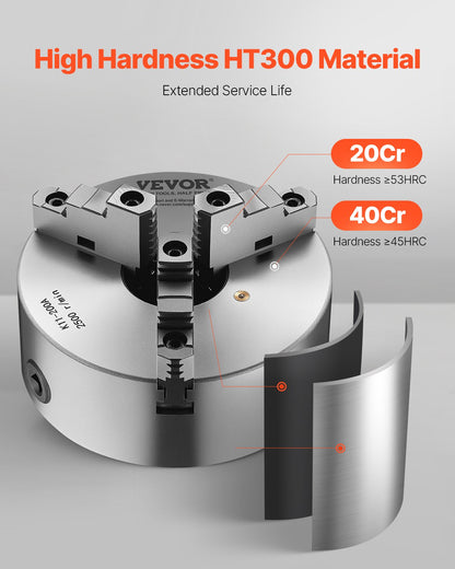 3-Backen-Drehbankfutter, 8 Zoll (200 mm), selbstzentrierend mit 2 1/4 Zoll-8 Gewinde-Rückplatte, 0,16-7,87 Zoll (4-200 mm) Spannbereich mit T-Schrauben, Material HT300, für Holz- und Metalldrehmaschinen