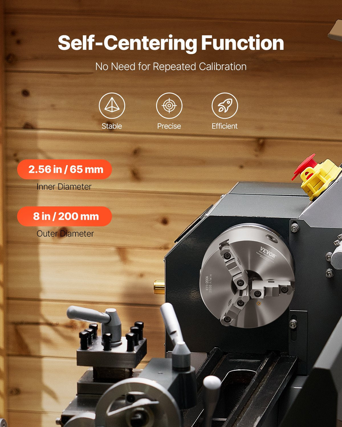 3-Backen-Drehbankfutter, 8 Zoll (200 mm), selbstzentrierend mit 2 1/4 Zoll-8 Gewinde-Rückplatte, 0,16-7,87 Zoll (4-200 mm) Spannbereich mit T-Schrauben, Material HT300, für Holz- und Metalldrehmaschinen