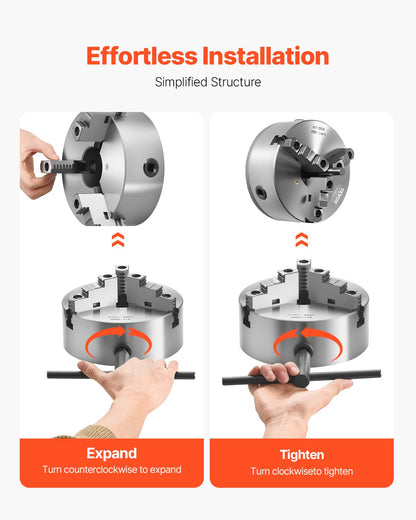 3-Backen-Drehbankfutter, 8 Zoll (200 mm), selbstzentrierend mit 2 1/4 Zoll-8 Gewinde-Rückplatte, 0,16-7,87 Zoll (4-200 mm) Spannbereich mit T-Schrauben, Material HT300, für Holz- und Metalldrehmaschinen