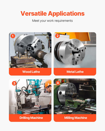 3-Backen-Drehbankfutter, 8 Zoll (200 mm), selbstzentrierend mit 2 1/4 Zoll-8 Gewinde-Rückplatte, 0,16-7,87 Zoll (4-200 mm) Spannbereich mit T-Schrauben, Material HT300, für Holz- und Metalldrehmaschinen
