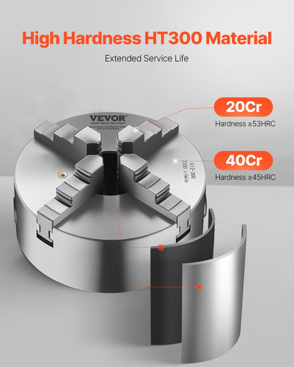 4-Backen-Drehbankfutter, 8 Zoll (200 mm), selbstzentrierend mit 1 1/2 Zoll-8 Gewinde-Rückplatte, 0,16-7,87 Zoll (4-200 mm) Spannbereich mit T-Schrauben, Material HT300, für Holz- und Metalldrehmaschinen