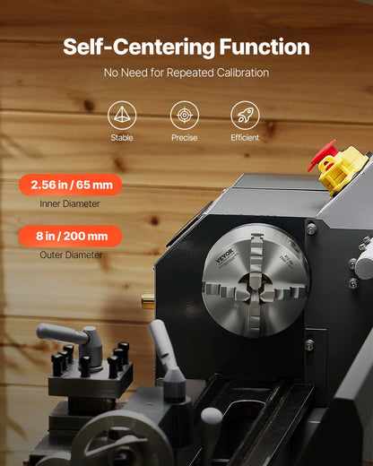 4-Backen-Drehbankfutter, 8 Zoll (200 mm), selbstzentrierend mit 1 1/2 Zoll-8 Gewinde-Rückplatte, 0,16-7,87 Zoll (4-200 mm) Spannbereich mit T-Schrauben, Material HT300, für Holz- und Metalldrehmaschinen