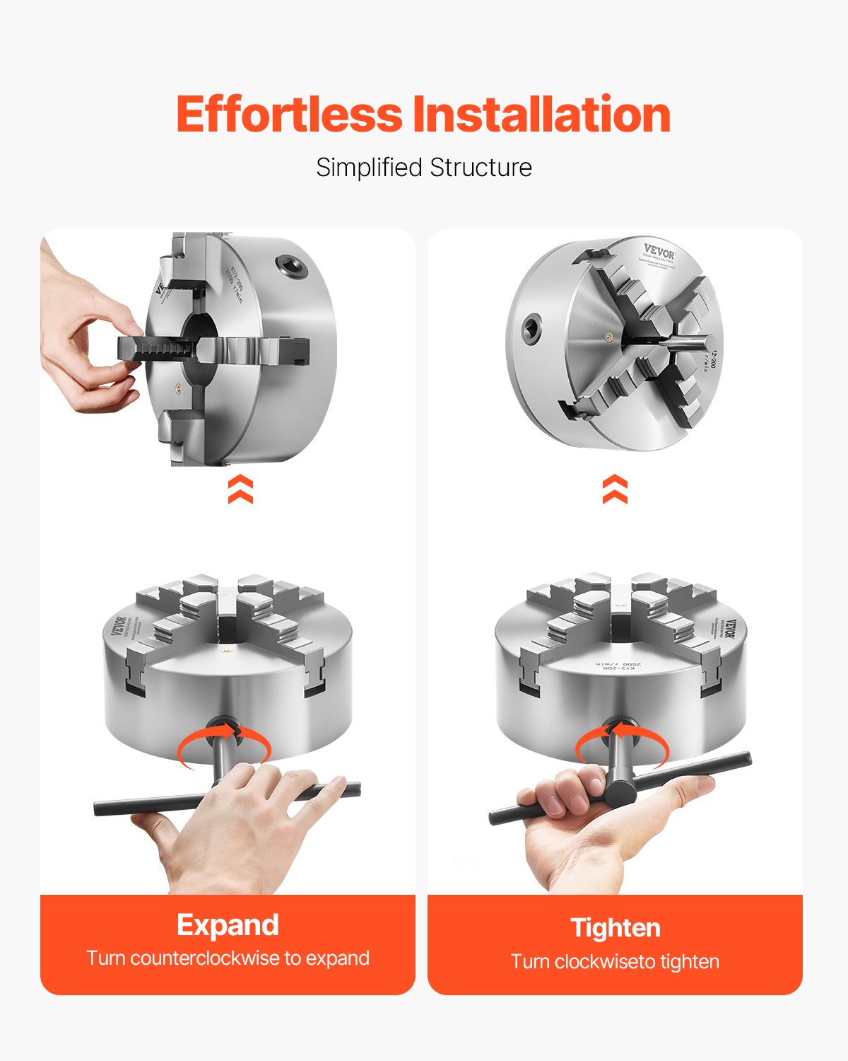 4-Backen-Drehbankfutter, 8 Zoll (200 mm), selbstzentrierend mit 1 1/2 Zoll-8 Gewinde-Rückplatte, 0,16-7,87 Zoll (4-200 mm) Spannbereich mit T-Schrauben, Material HT300, für Holz- und Metalldrehmaschinen