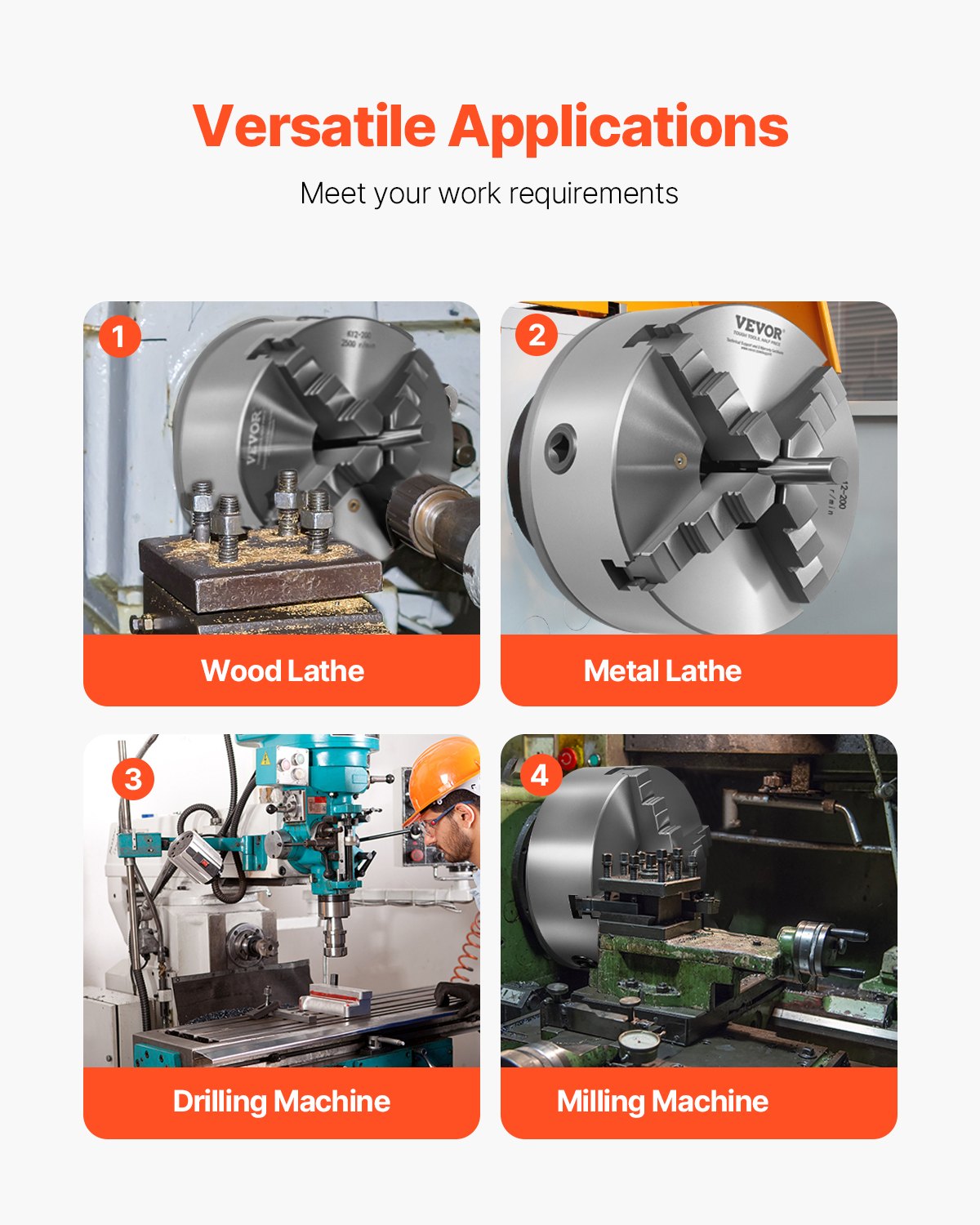4-Backen-Drehbankfutter, 8 Zoll (200 mm), selbstzentrierend mit 1 1/2 Zoll-8 Gewinde-Rückplatte, 0,16-7,87 Zoll (4-200 mm) Spannbereich mit T-Schrauben, Material HT300, für Holz- und Metalldrehmaschinen