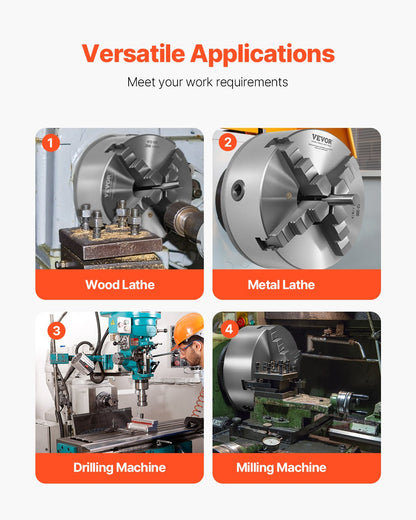 4-Backen-Drehbankfutter, 8 Zoll (200 mm), selbstzentrierend mit 1 1/2 Zoll-8 Gewinde-Rückplatte, 0,16-7,87 Zoll (4-200 mm) Spannbereich mit T-Schrauben, Material HT300, für Holz- und Metalldrehmaschinen