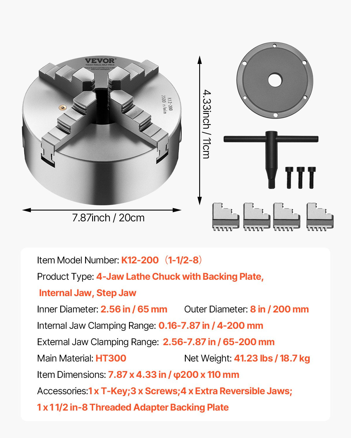 4-Backen-Drehbankfutter, 8 Zoll (200 mm), selbstzentrierend mit 1 1/2 Zoll-8 Gewinde-Rückplatte, 0,16-7,87 Zoll (4-200 mm) Spannbereich mit T-Schrauben, Material HT300, für Holz- und Metalldrehmaschinen