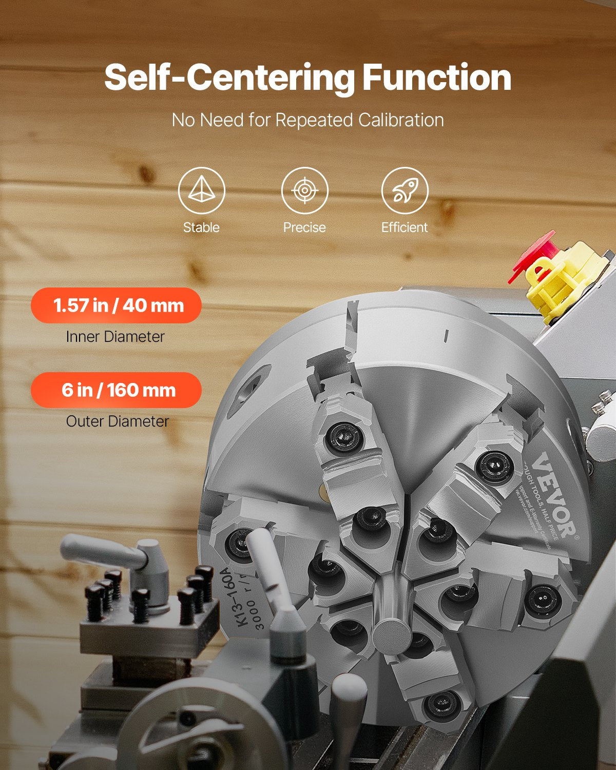 6-Backen-Drehbankfutter, 160 mm (6 Zoll), selbstzentrierend mit D1-4-Nockenverriegelungs-Rückplatte, Spannbereich 3–145 mm (0,12–5,71 Zoll) mit T-Schrauben, Material HT300, für Holz- und Metalldrehmaschinen