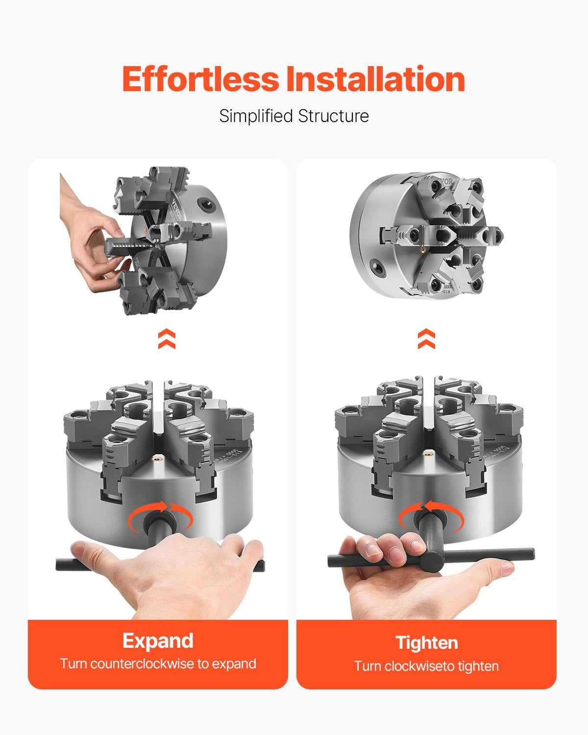6-Backen-Drehbankfutter, 160 mm (6 Zoll), selbstzentrierend mit D1-4-Nockenverriegelungs-Rückplatte, Spannbereich 3–145 mm (0,12–5,71 Zoll) mit T-Schrauben, Material HT300, für Holz- und Metalldrehmaschinen