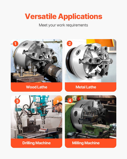 6-Backen-Drehbankfutter, 160 mm (6 Zoll), selbstzentrierend mit D1-4-Nockenverriegelungs-Rückplatte, Spannbereich 3–145 mm (0,12–5,71 Zoll) mit T-Schrauben, Material HT300, für Holz- und Metalldrehmaschinen