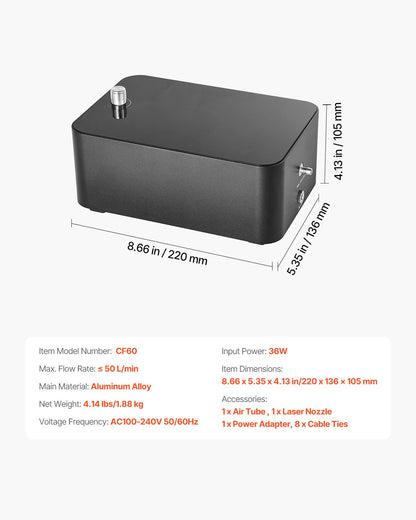 Luftunterstützung, einstellbarer Luftstrom von 50 l/min, Luftunterstützungspumpen-Kit für Laserschneider und -gravierer, entfernt Rauch und Staub, reduziert die Oberflächentemperatur, schützt die Laserlinse, für Lasergravierer ≥ 20 W