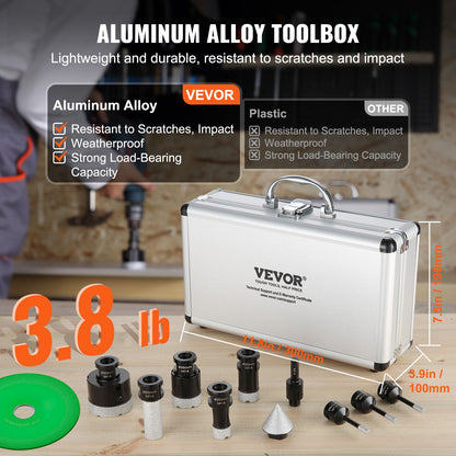 Diamant-Kernbohrer-Set, 7-teilig (6/6/6/20/25/35/50 mm), inklusive Fingerfräser, Kegelbohrer, Sägeblatt und Aufbewahrungskoffer für Trocken- und Nassbohren. Geeignet für Fliesen und Keramik.