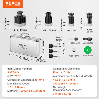 Diamant-Kernbohrer-Set, 7-teilig (6/6/6/20/25/35/50 mm), inklusive Fingerfräser, Kegelbohrer, Sägeblatt und Aufbewahrungskoffer für Trocken- und Nassbohren. Geeignet für Fliesen und Keramik.