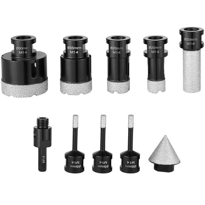Diamant-Kernbohrer-Set, 7-teilig (6/6/6/20/25/35/50 mm), inklusive Fingerfräser, Kegelbohrer, Sägeblatt und Aufbewahrungskoffer für Trocken- und Nassbohren. Geeignet für Fliesen und Keramik.