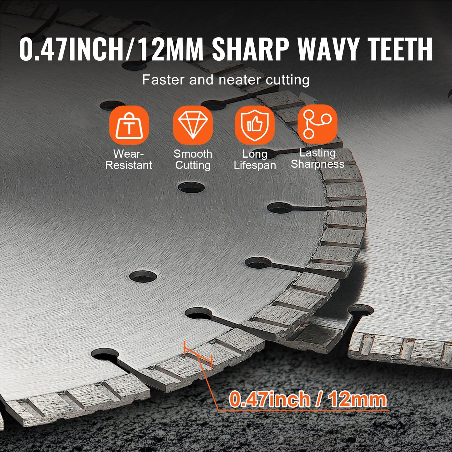 Diamond Blade, 12inch/300mm Concrete Saw Blade Wet or Dry, 0.47inch/12mm Wavy Teeth Diamond Segment Blade, Universal 1 inch/25.4 mm Center Hole Diameter, for Concrete Cement Board Tile Brick