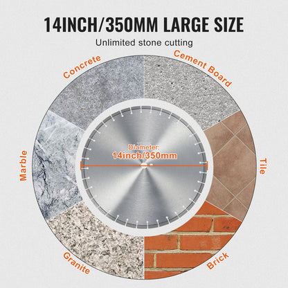 Diamond Blade, 14inch/350mm Concrete Saw Blade Wet or Dry, 0.39inch/10mm Flat Teeth Diamond Segment Blade, Universal 1 inch/25.4 mm Center Hole Diameter, for Concrete Cement Board Tile Brick
