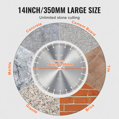 Diamond Blade, 14inch/350mm Concrete Saw Blade Wet or Dry, 0.47inch/12mm Flat Teeth Diamond Segment Blade, Universal 1 inch/25.4 mm Center Hole Diameter, for Concrete Cement Board Tile Brick
