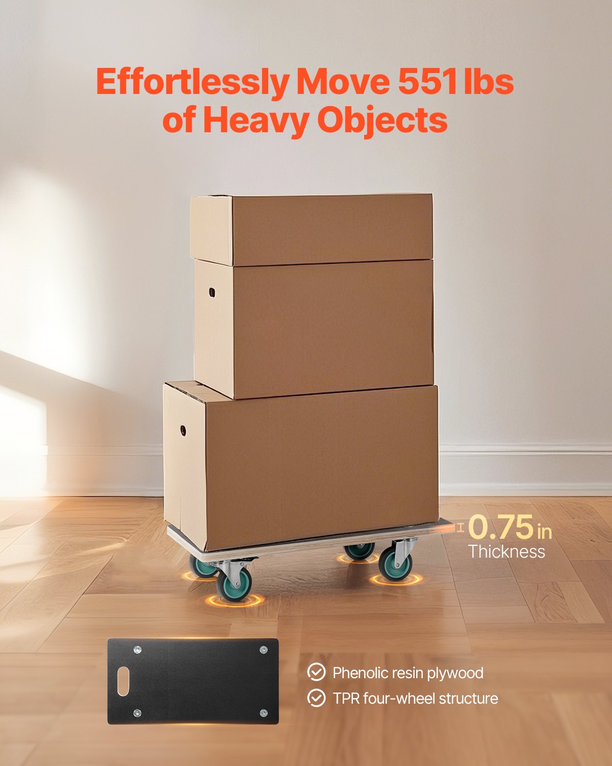 Furniture Dolly, 551 lbs Load Capacity, Furniture Moving Dollies with 4 TPR Silent Wheels, Rectangle Multifunctional Flat Dolly for Piano Furniture Couch Washing Machine Fridge, 2 Pack, Black